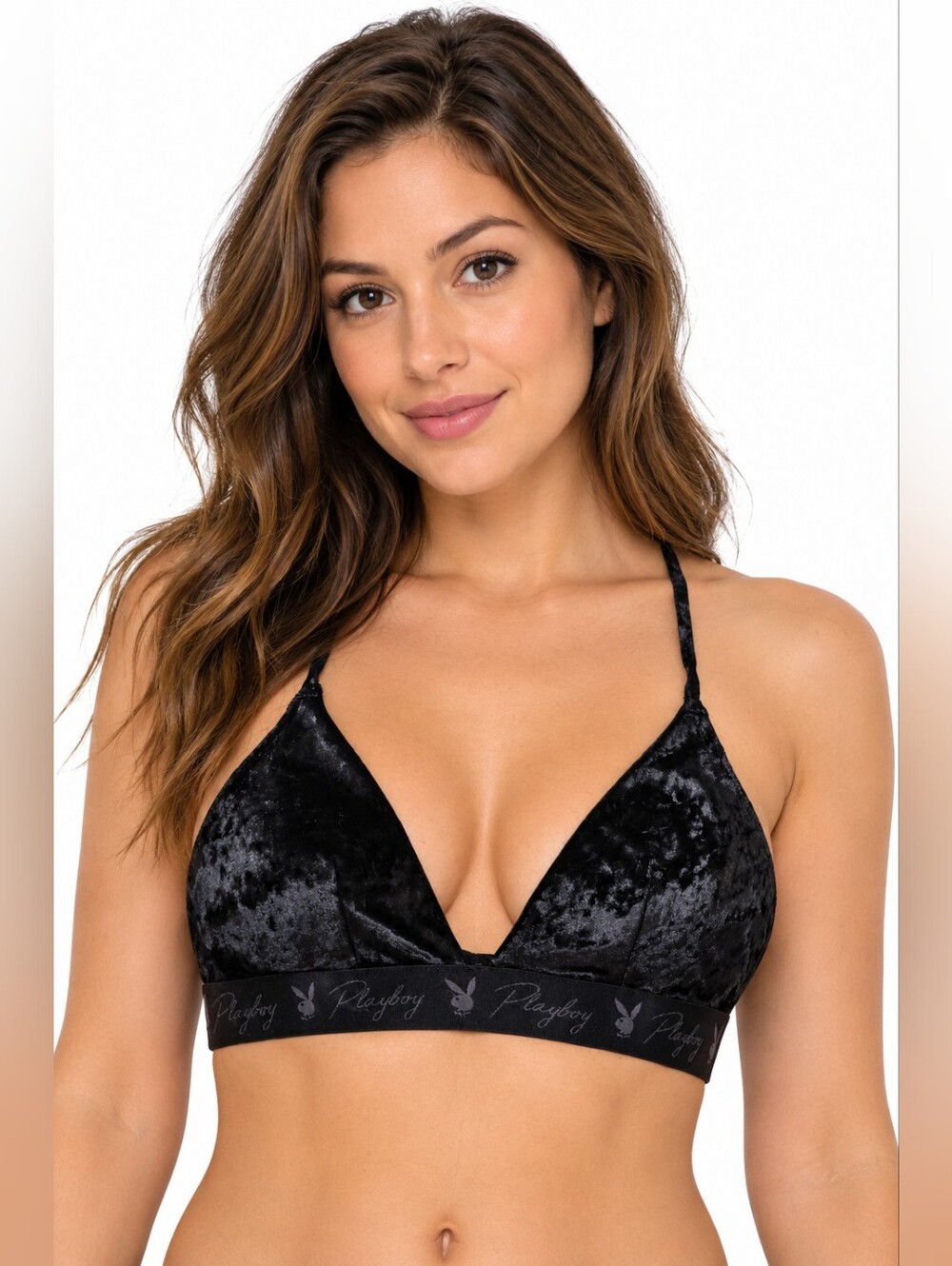 Playboy Black Crushed Velvet Triangle Bralette Logo Band Size Large